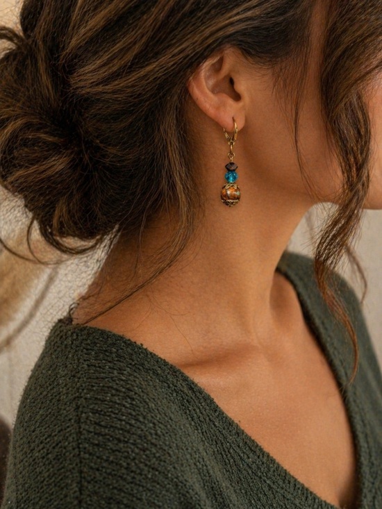 Handmade Jewelry - Vintage-Inspired Blue and Gold Bead Drop Earrings